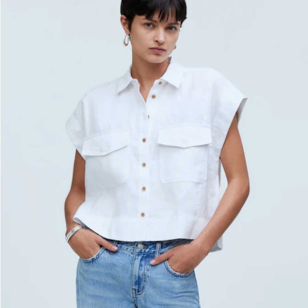 Madewell Oversized Flap-Pocket Button-Up Shirt in 100% Linen size Small Sold Out